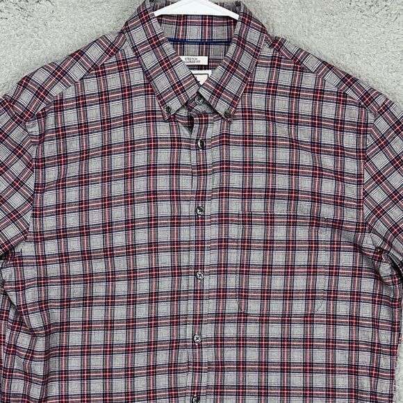 Jos. A. Bank Flannel Shirt Mens Large Grey Red Plaid Tailored Fit Button Down